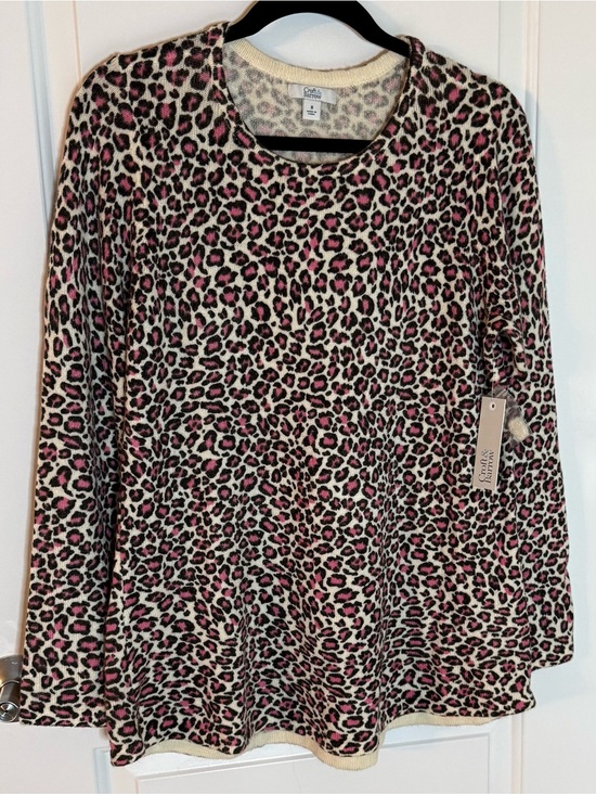 croft & barrow Sweaters - croft & barrow Cream and Pink Leopard Print Crew Neck Sweater